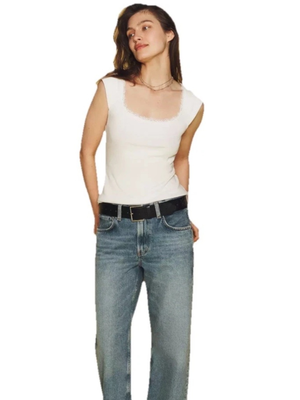 Anthropologie Maeve Lace-Trim Ribbed Cap-Sleeve Shirt Tank Vanilla Women’s S